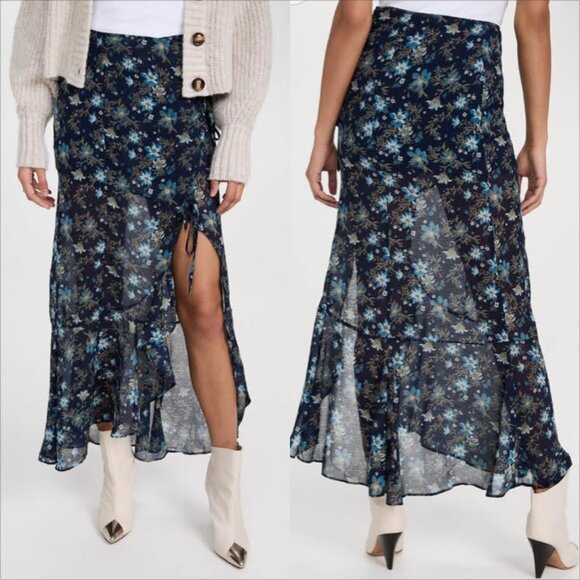 Free People Maxi Skirt Size 8 Womans Femme Edge Navy Blue Floral Wrapover Ruffle - Picture 1 of 15